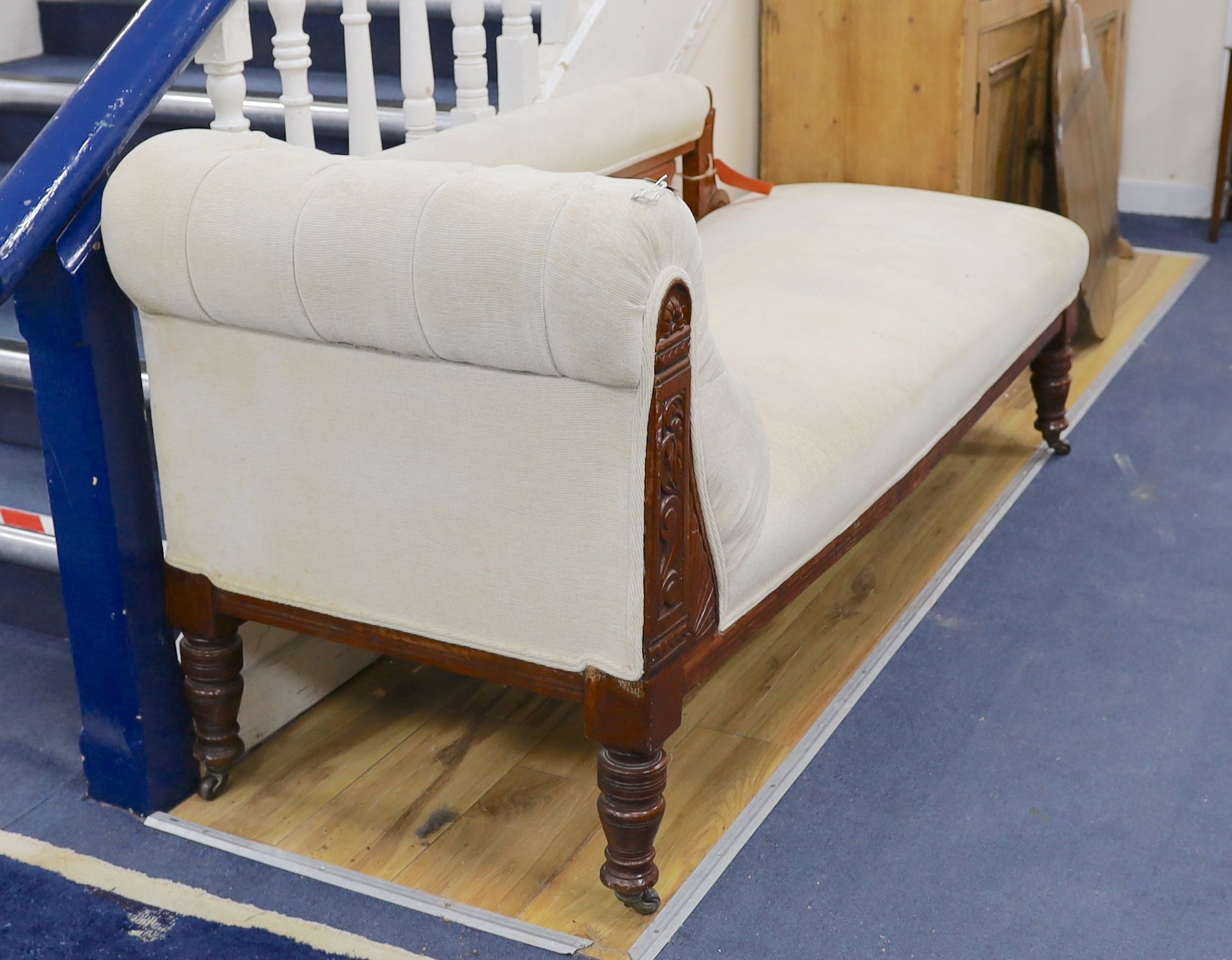 A late Victorian upholstered chaise longue, length 170cm, depth 65cm, height 81cm